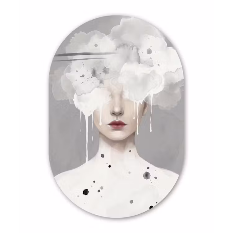 Vrouw - Wolk - Grijs Wandcirkel Ovaal Aluminium middel -3d
