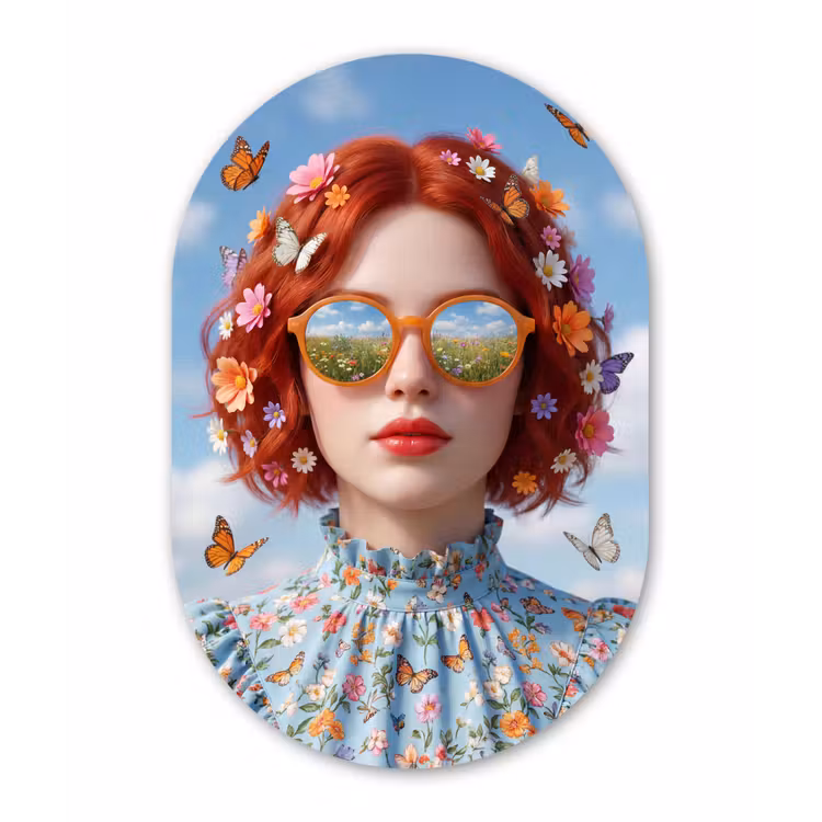 Vrouw - Bloemen - Zomer - Portret - Kleurrijk Wandcirkel Ovaal Aluminium middel -3d