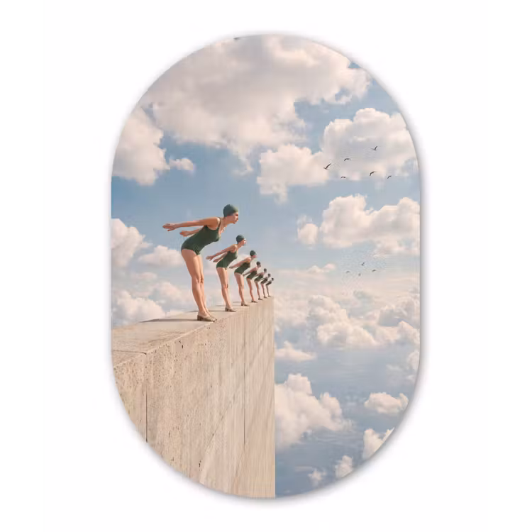 aluminium oval wall art - Women - Diving Pose - Clouds - Vrouwen - Duikhouding - Wolken Wandcirkel Ovaal Aluminium middel