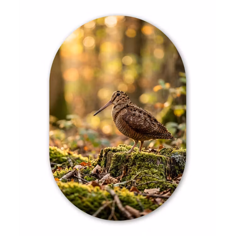 Houtsnip - Bos - Bladeren - Herfst - Gecamoufleerd Wandcirkel Ovaal Aluminium middel -3d