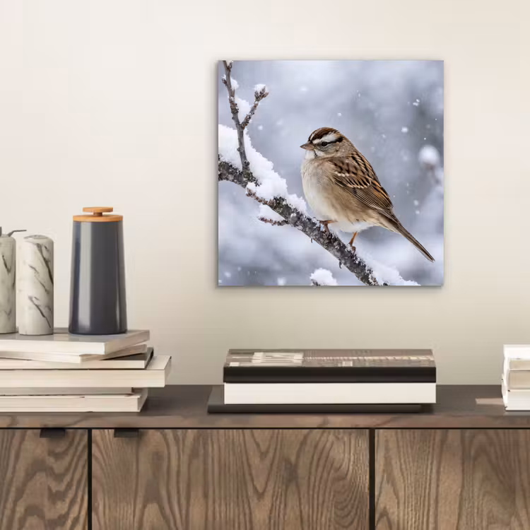 Vogel - Tak - Sneeuw - Winter aluminium wit klein -sfeer1