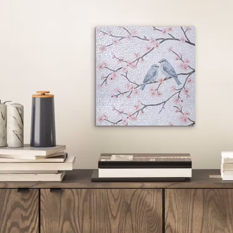Vogel - Bloemen - Natuur - Mozaïek - Roze aluminium wit klein -sfeer1