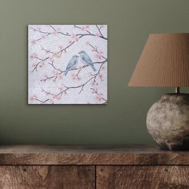 Vogel - Bloemen - Natuur - Mozaïek - Roze aluminium wit klein -sfeer2