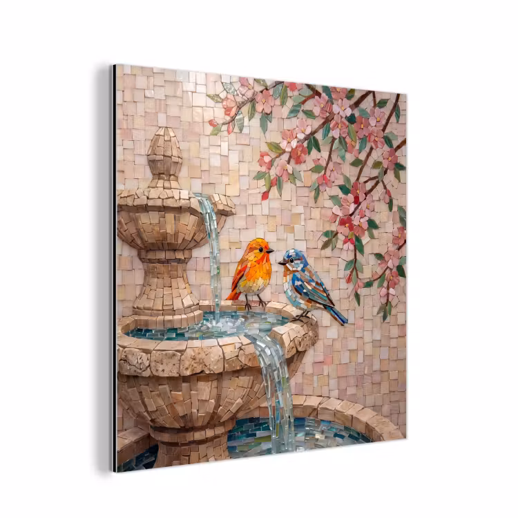 Vogel - fontein - mozaiek - kleurrijk - dieren aluminium wit klein -3d