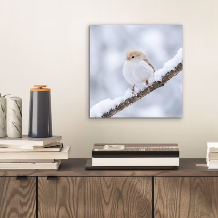 Vogeltje - Sneeuw - Tak - Winter - Zacht aluminium wit klein -sfeer1