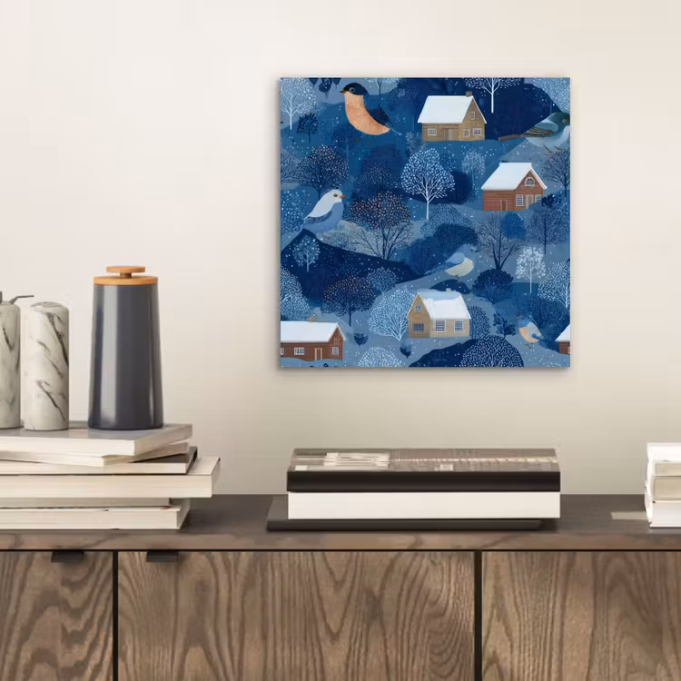 Huisjes - Vogels - Sneeuw - Winter - Blauw aluminium wit klein 46 -sfeer1