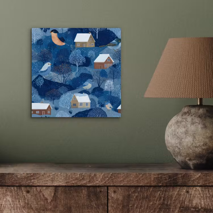 Huisjes - Vogels - Sneeuw - Winter - Blauw aluminium wit klein 46 -sfeer2