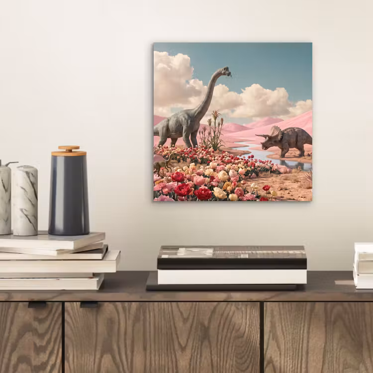 aluminium wall art - Dinosaur - Pink - Landscape - Dinosaurus - Roze - Landschap aluminium wit klein