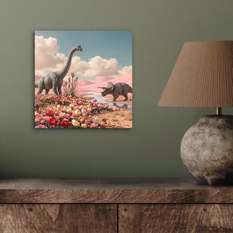 aluminium wall art - Dinosaur - Pink - Landscape - Dinosaurus - Roze - Landschap aluminium wit klein