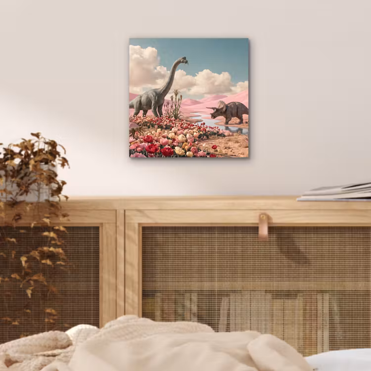 aluminium wall art - Dinosaur - Pink - Landscape - Dinosaurus - Roze - Landschap aluminium wit klein