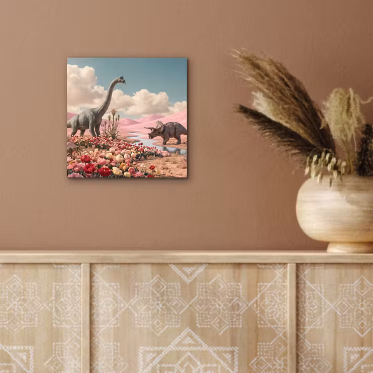 aluminium wall art - Dinosaur - Pink - Landscape - Dinosaurus - Roze - Landschap aluminium wit klein