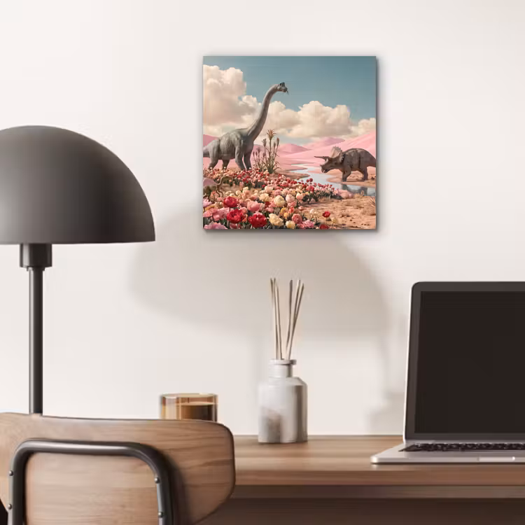 aluminium wall art - Dinosaur - Pink - Landscape - Dinosaurus - Roze - Landschap aluminium wit klein
