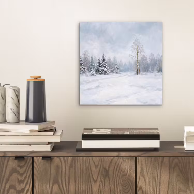 Bospad - Dennen - Sneeuw - Winter - Rustgevend aluminium wit klein -sfeer1