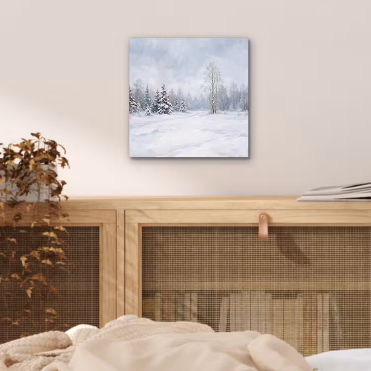 Bospad - Dennen - Sneeuw - Winter - Rustgevend aluminium wit klein -sfeer3