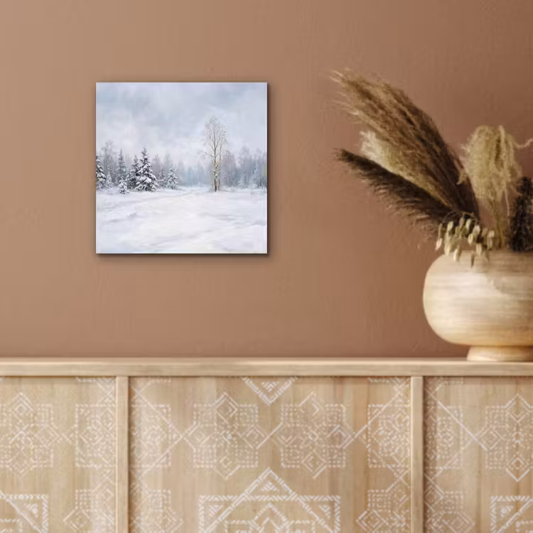 Bospad - Dennen - Sneeuw - Winter - Rustgevend aluminium wit klein -sfeer4