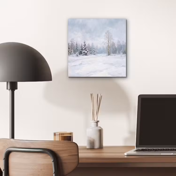 Bospad - Dennen - Sneeuw - Winter - Rustgevend aluminium wit klein -sfeer5
