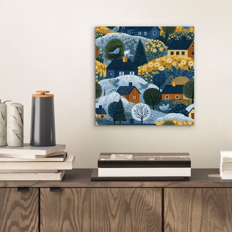 Huisjes - Bloemen - Patroon - Geel - Blauw aluminium wit klein 46 -sfeer1