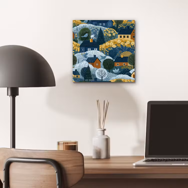 Huisjes - Bloemen - Patroon - Geel - Blauw aluminium wit klein 46 -sfeer5