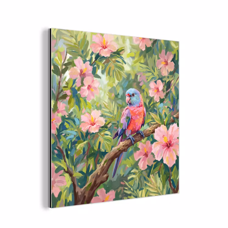 Papagaai - Hibiscusbloemen - Kleurrijk aluminium wit klein -3d