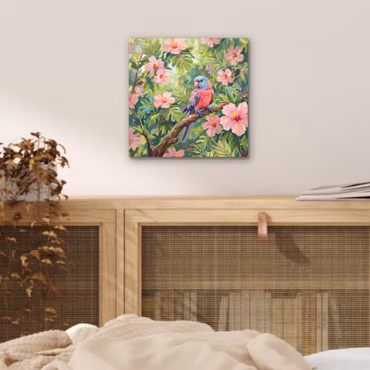 Papagaai - Hibiscusbloemen - Kleurrijk aluminium wit klein -sfeer3
