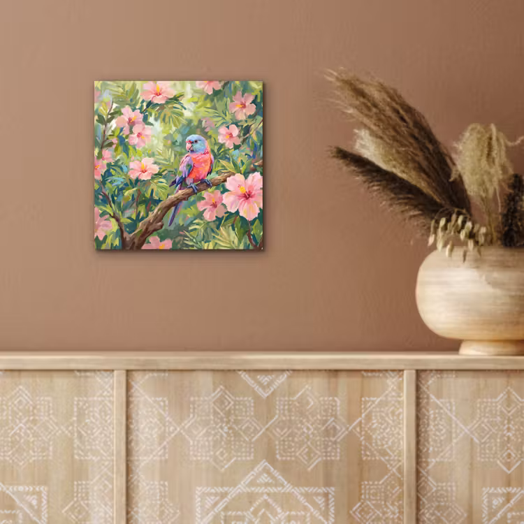 Papagaai - Hibiscusbloemen - Kleurrijk aluminium wit klein -sfeer4