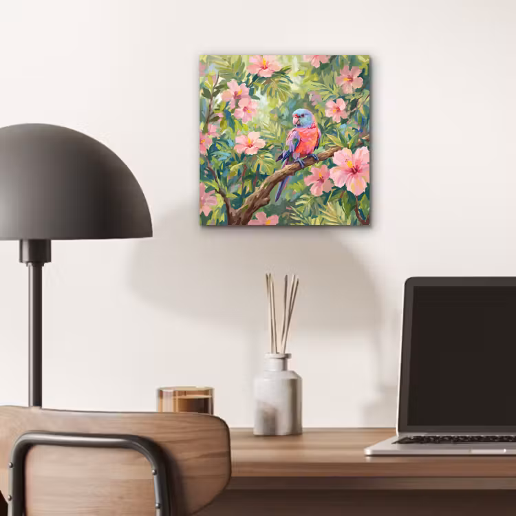 Papagaai - Hibiscusbloemen - Kleurrijk aluminium wit klein -sfeer5