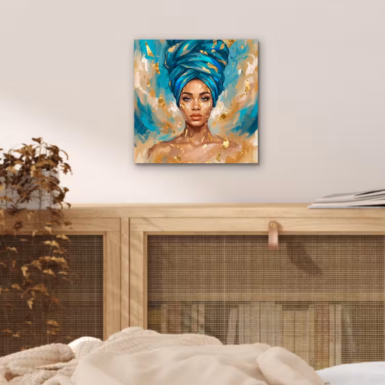 Portret - Vrouw - Schilderij - Blauw - Goud - Expressief aluminium wit klein -sfeer3