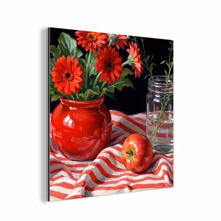 aluminium wall art - Red Flowers - Vase - Rode bloemen - Vaas aluminium wit klein