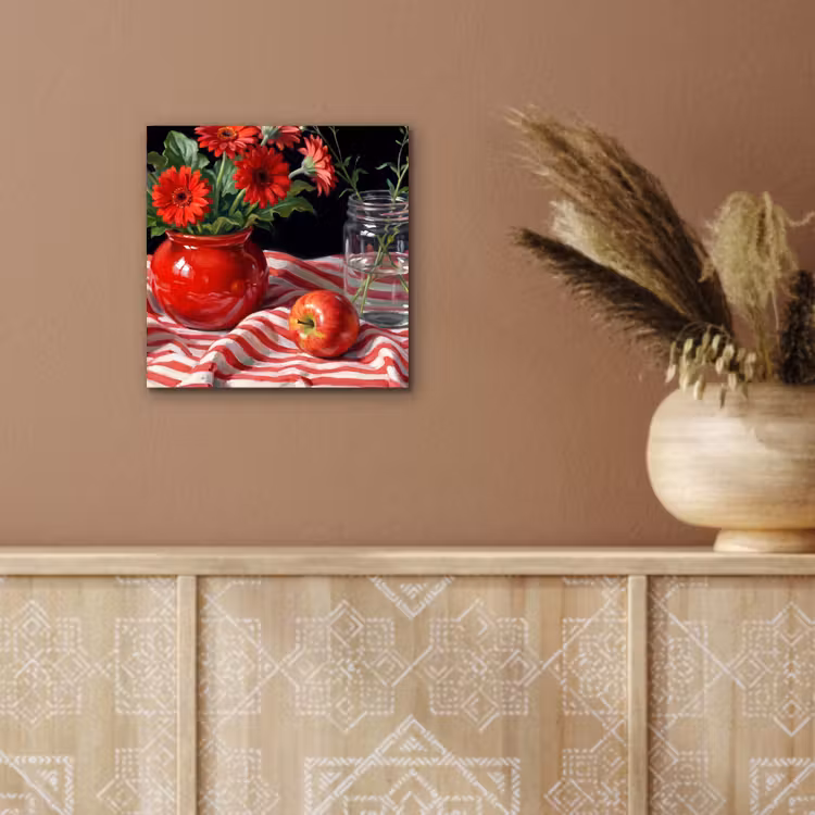 aluminium wall art - Red Flowers - Vase - Rode bloemen - Vaas aluminium wit klein