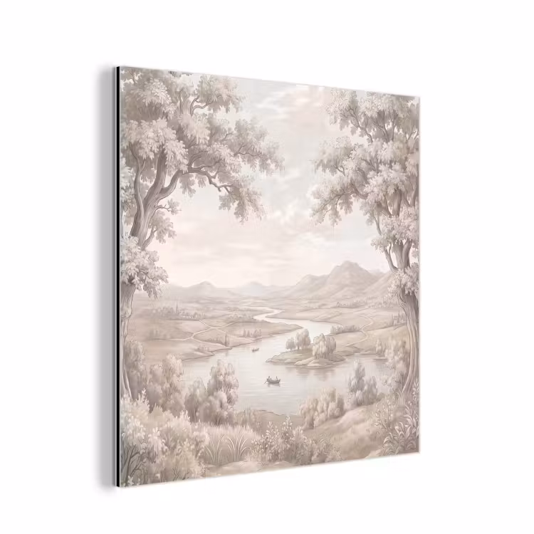 Rivierlandschap - Bergen - Natuur - Vintage - Beige aluminium wit klein -3d