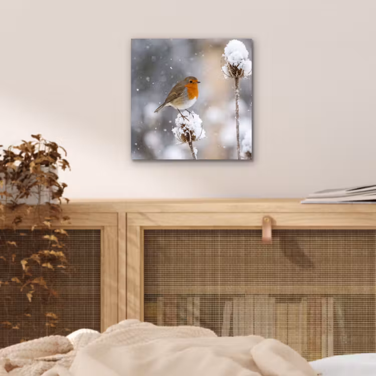Roodborstje - Gedroogde bloem - Sneeuw - Winter - Vertederend aluminium wit klein -sfeer3
