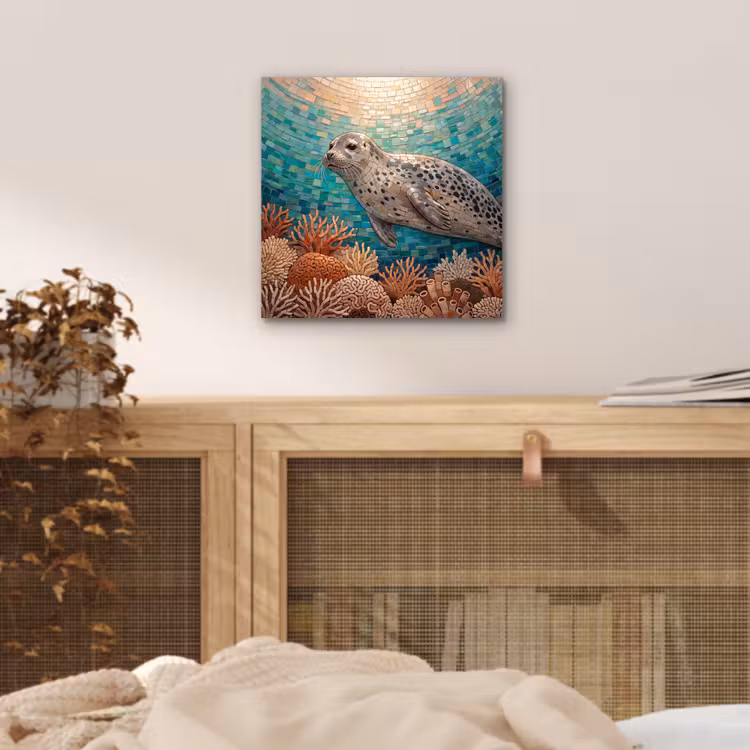 Zeehond - Mozaïek - Onderwater - Dieren - Blauw aluminium wit klein -sfeer3