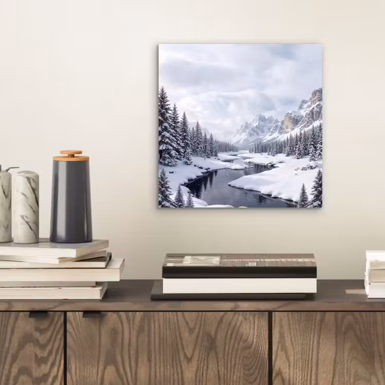 Sneeuwlandschap - Bergen - Rivier - Winter aluminium wit klein -sfeer1