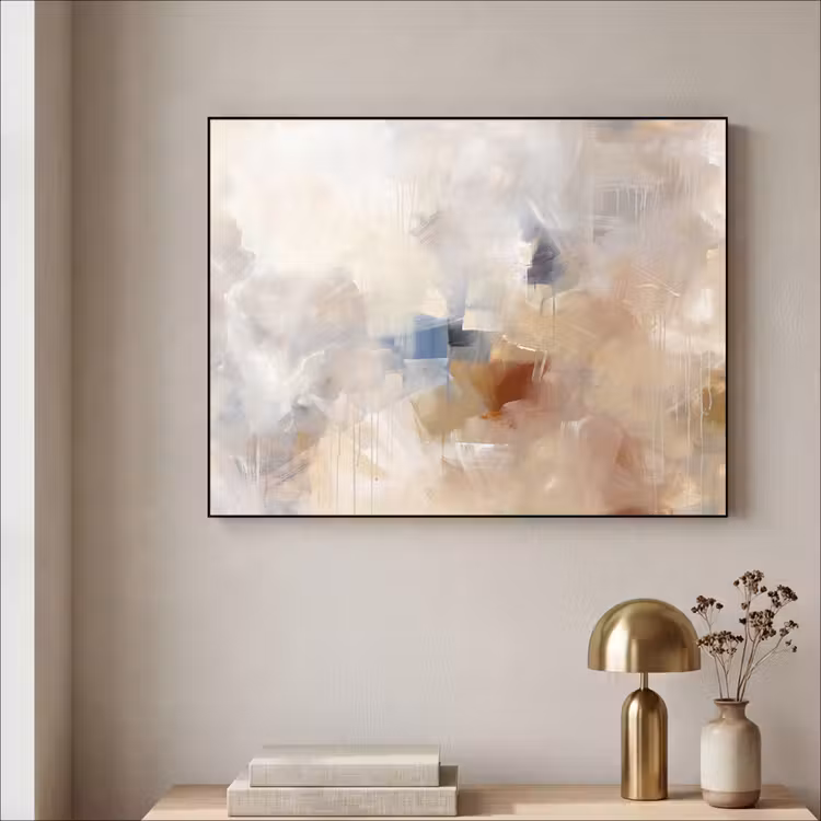 Abstract - Borstelstreken - Modern - Beige - Kunst Textielframe zwart klein -sfeer2
