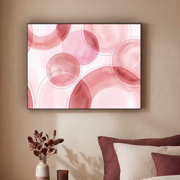 Abstract - Cirkels - Modern - Roze - Kunst Textielframe zwart klein -sfeer1
