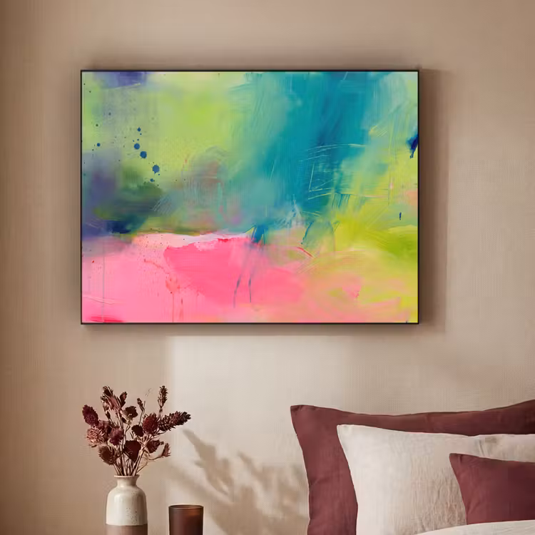 Abstract - Kleuren - Modern - Groen - Roze Textielframe zwart klein -sfeer1