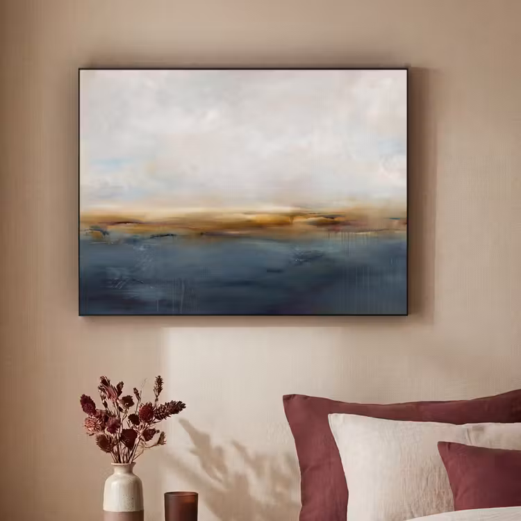 Abstract - Horizon - Water - Modern - Beige Textielframe zwart klein -sfeer1