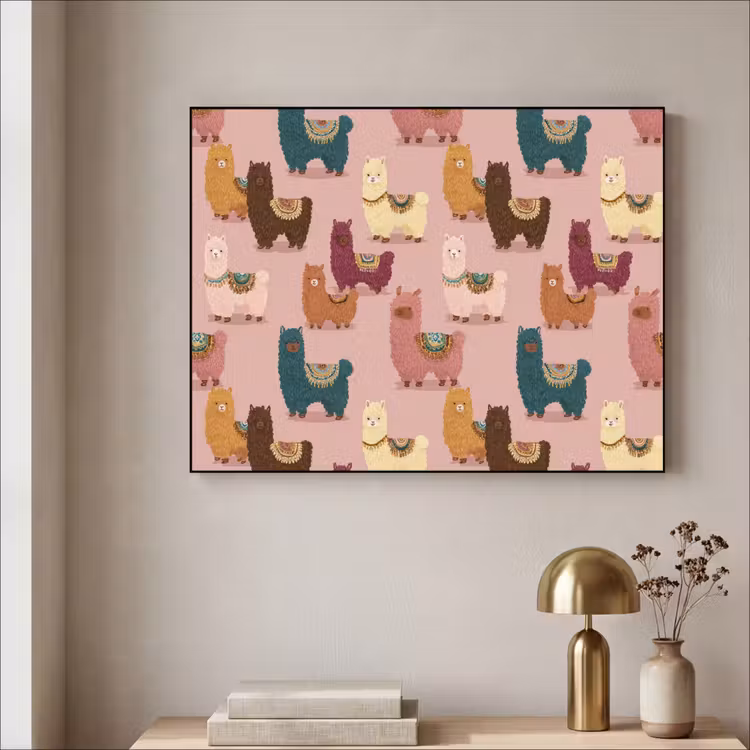 Alpaca's - Patroon - Kleurrijk Textielframe zwart klein 947 -sfeer2