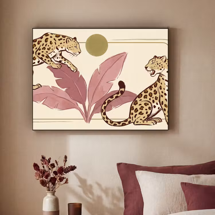 Dieren - Kat - Jungle - Illustratie - Beige Textielframe zwart klein -sfeer1