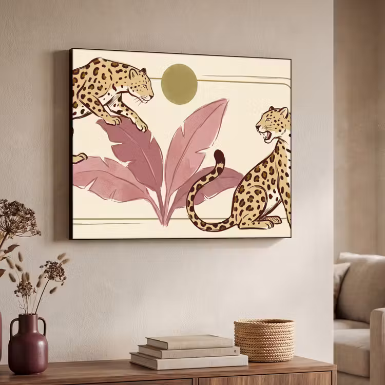 Dieren - Kat - Jungle - Illustratie - Beige Textielframe zwart klein -sfeer3