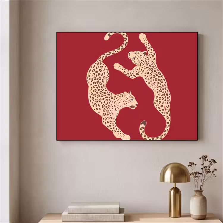 Dieren - Luipaard - Abstract - Rood - Modern Textielframe zwart klein -sfeer2