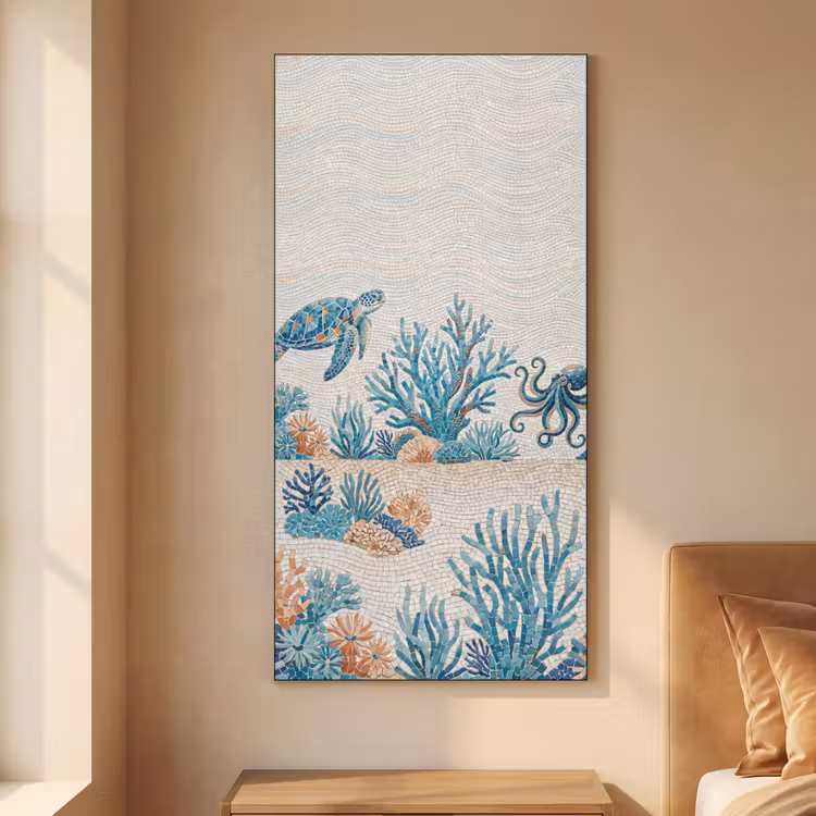 Dieren - Onderwater - Natuur - Mozaïek - Blauw Textielframe zwart klein -sfeer1