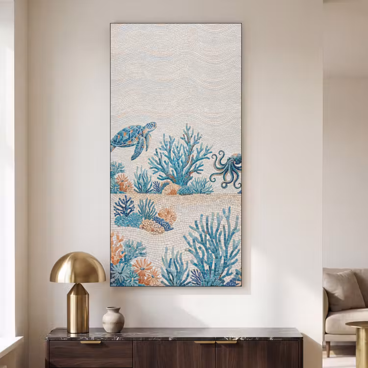 Dieren - Onderwater - Natuur - Mozaïek - Blauw Textielframe zwart klein -sfeer2