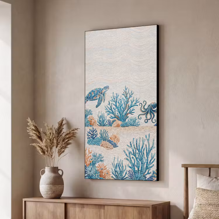 Dieren - Onderwater - Natuur - Mozaïek - Blauw Textielframe zwart klein -sfeer3