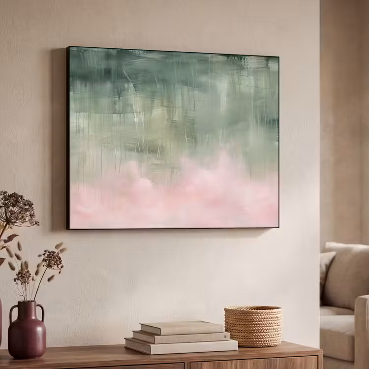 Kunst - Abstract - Modern - Groen - Roze Textielframe zwart klein -sfeer3
