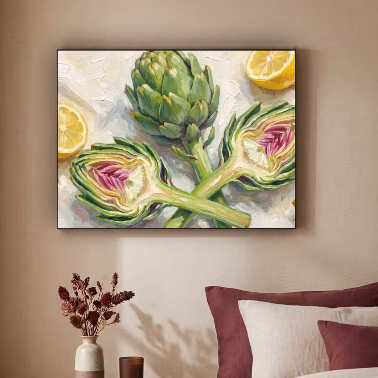 Art Frame - Artichoke - Lemon - Food - Artisjok - Citroen - Eten Textielframe zwart klein