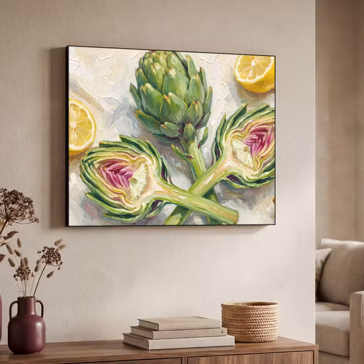 Art Frame - Artichoke - Lemon - Food - Artisjok - Citroen - Eten Textielframe zwart klein