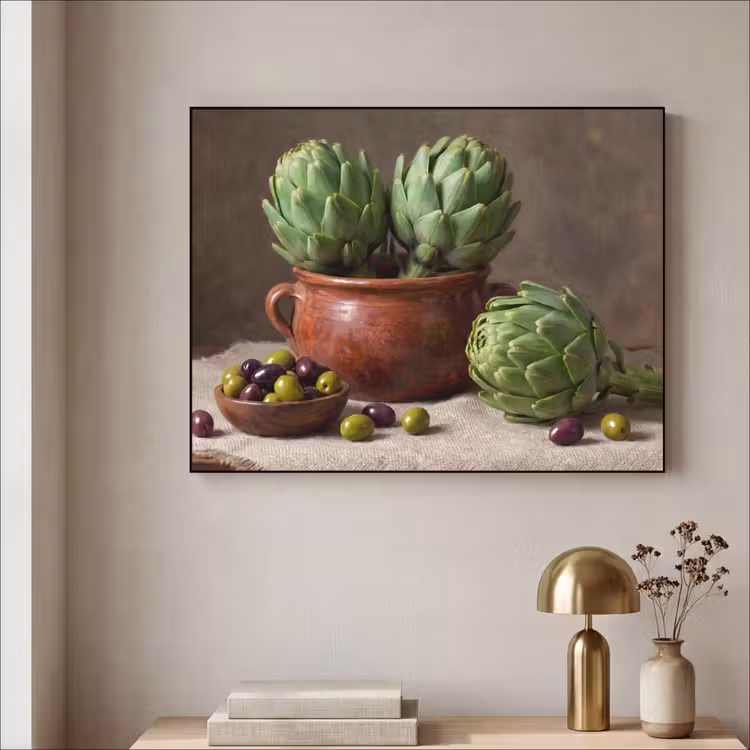Art Frame - Artichokes - Olives - Food - Artisjokken - Olijven - Eten Textielframe zwart klein