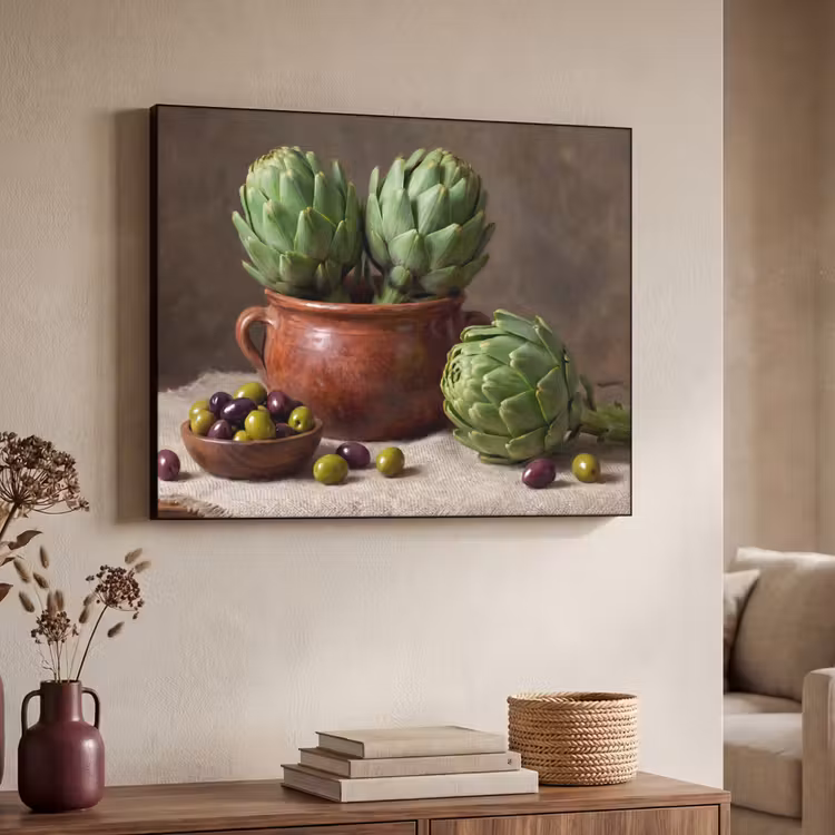 Art Frame - Artichokes - Olives - Food - Artisjokken - Olijven - Eten Textielframe zwart klein