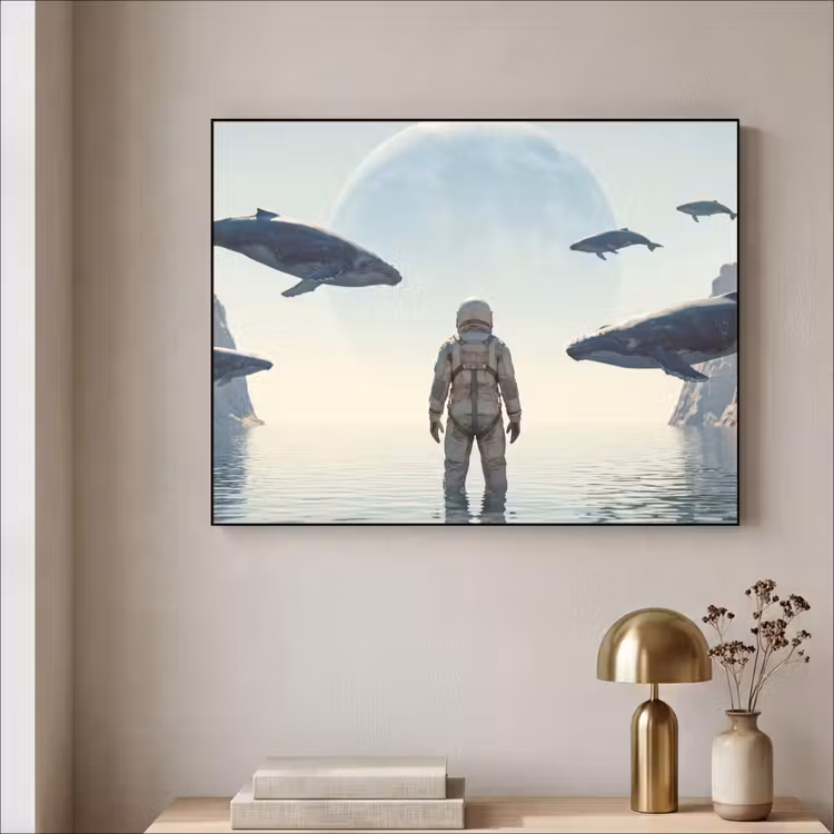 Art Frame - Astronaut - Whale - Fantasy - Ruimtevaarder - Walvis - Fantasie Textielframe zwart klein